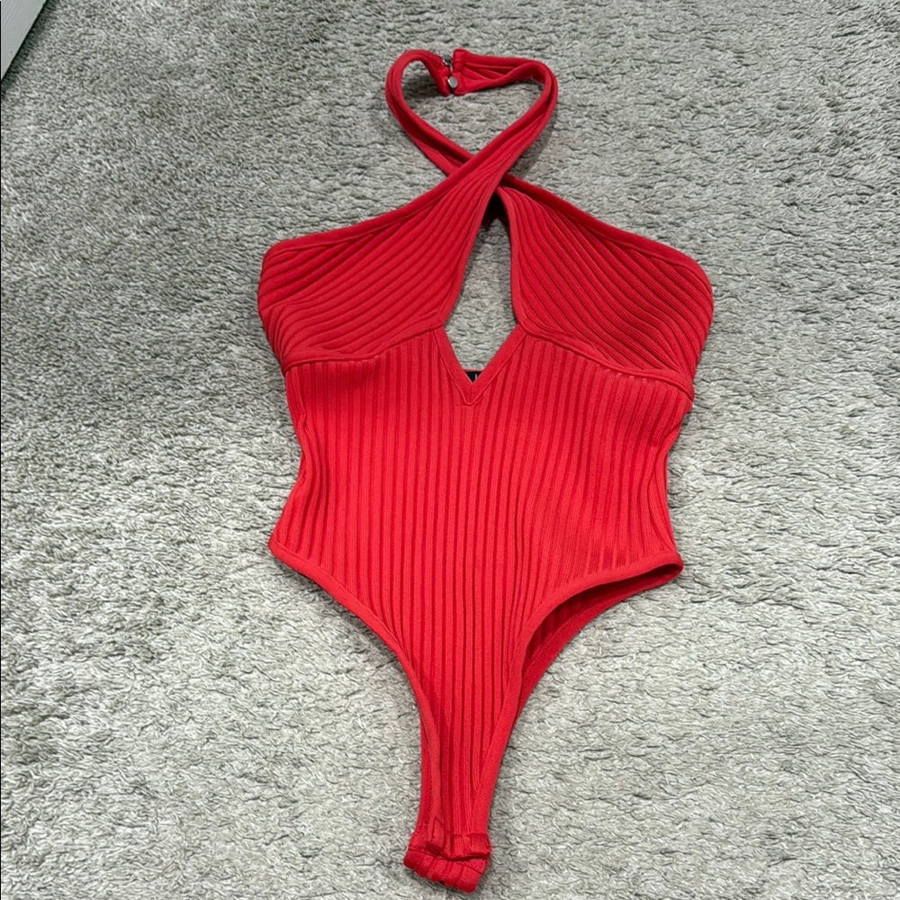 Lulu's Red Ribbed Bodysuit Halter Keyhole Detail